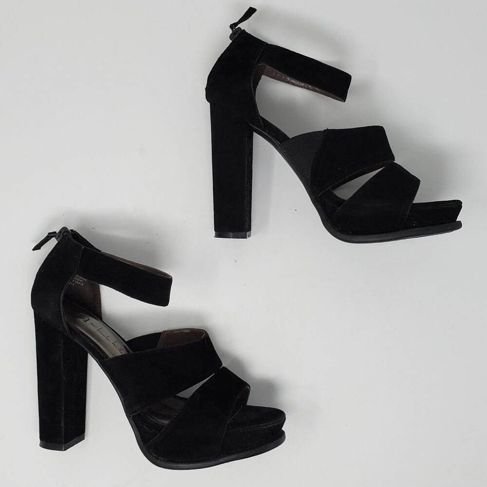 Nicole Miller Black Suede Platform Heels Size 6.5 Chunky Block Heel Strappy Y2K
